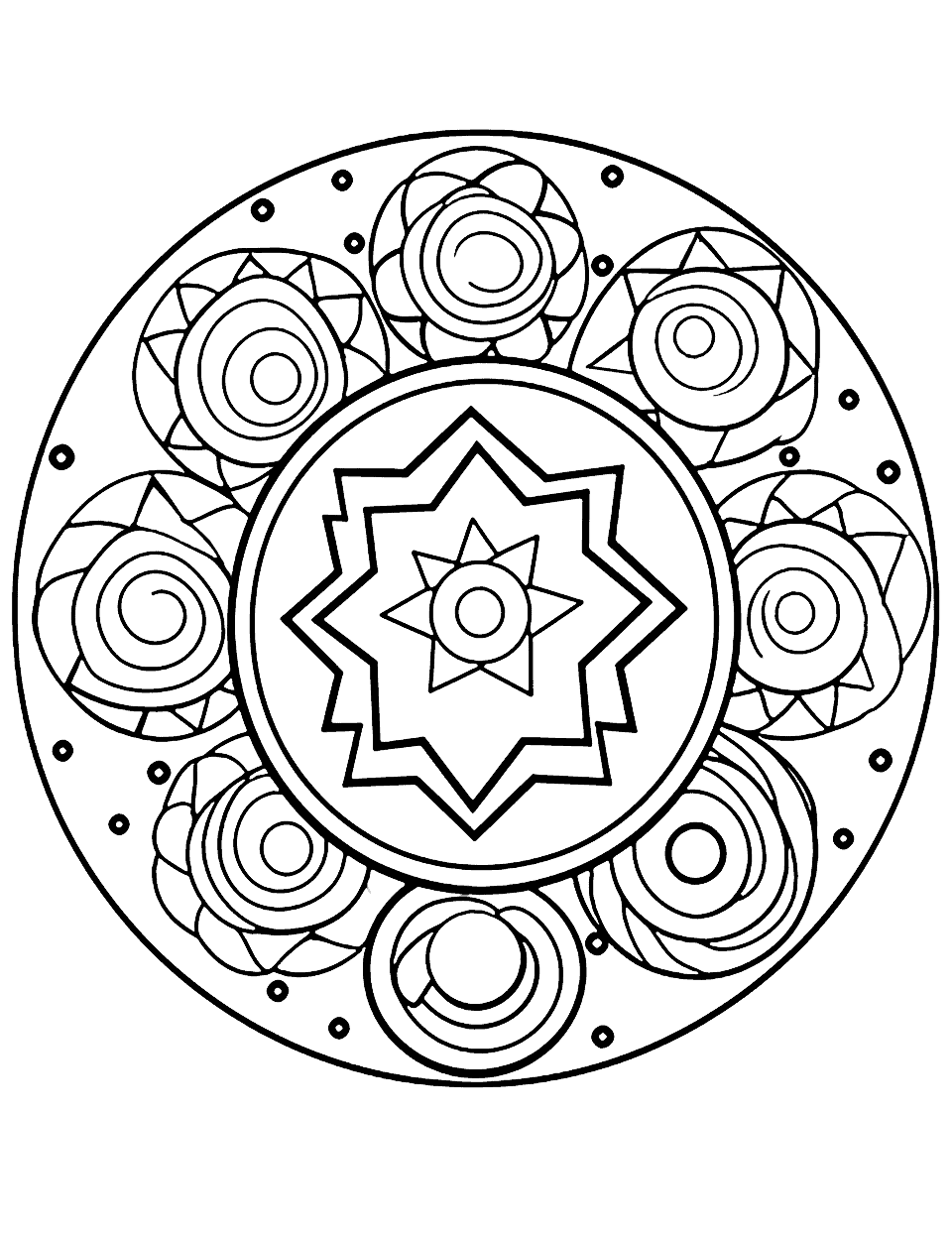 Delicious Donuts Mandala Coloring Page - A fun, appetizing mandala filled with various donuts, sprinkles, and pastries.