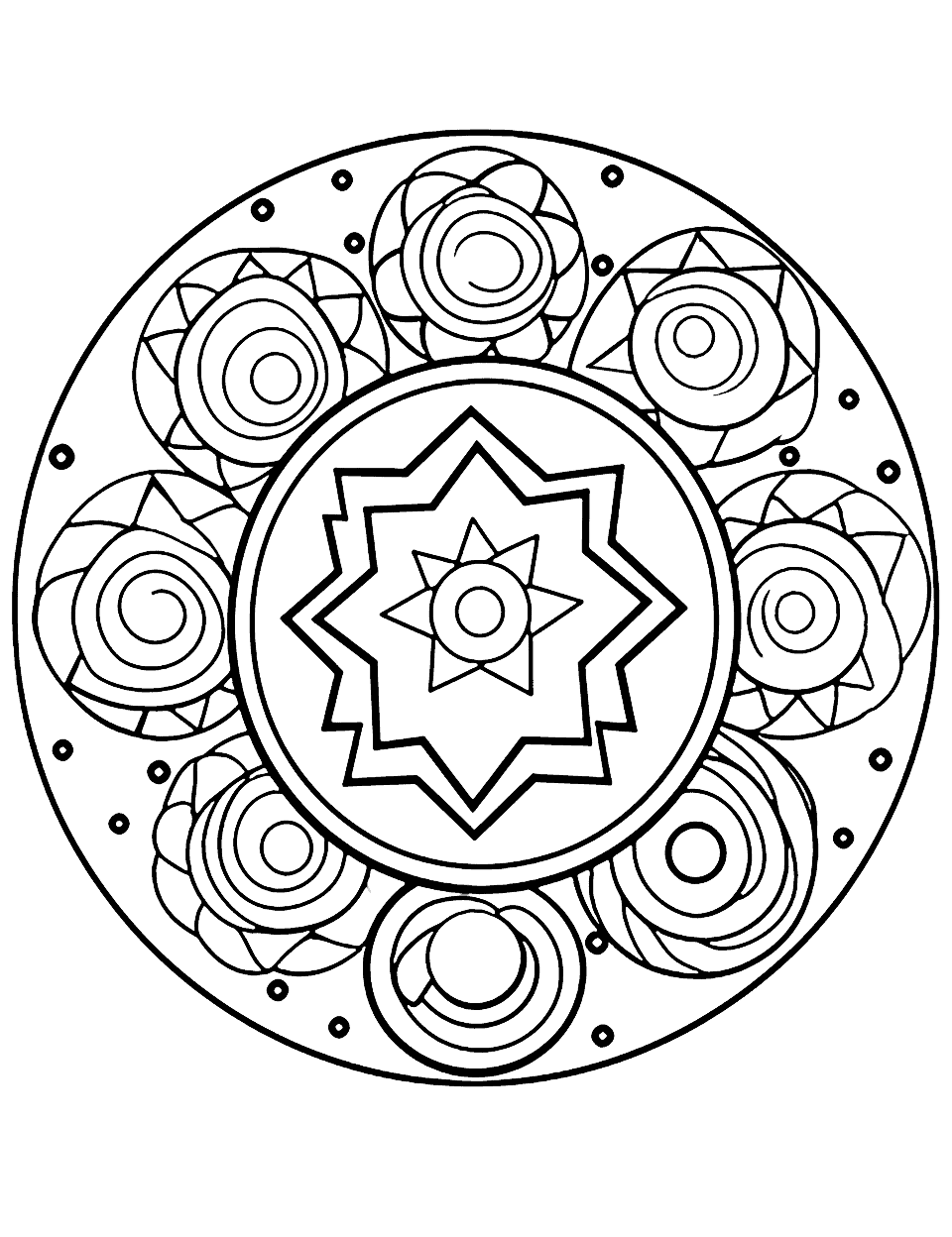 Delicious Donuts Mandala Coloring Page - A fun, appetizing mandala filled with various types of donuts, sprinkles, and pastries.