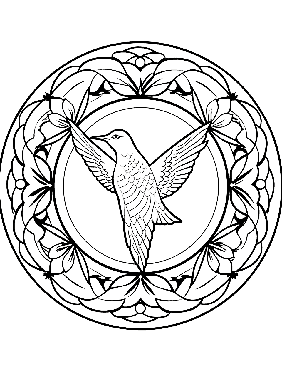 Flight of the Hummingbird Mandala Coloring Page - An intricate mandala design featuring a hummingbird in flight, surrounded by beautiful flowers.