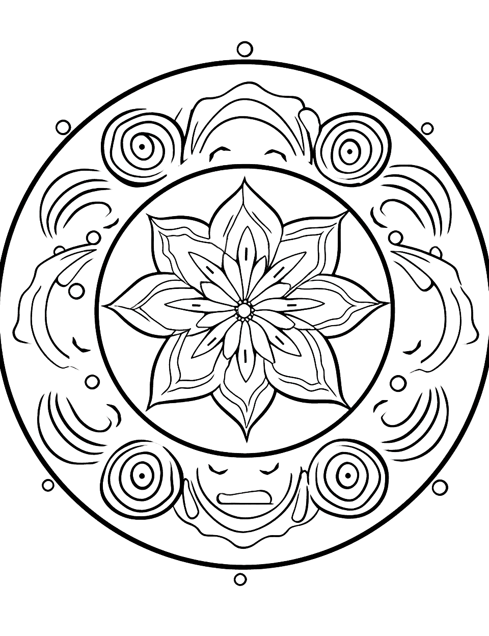 Joyful Water Mandala Coloring Page - A cute, underwater-themed mandala filled with waves and flowers.