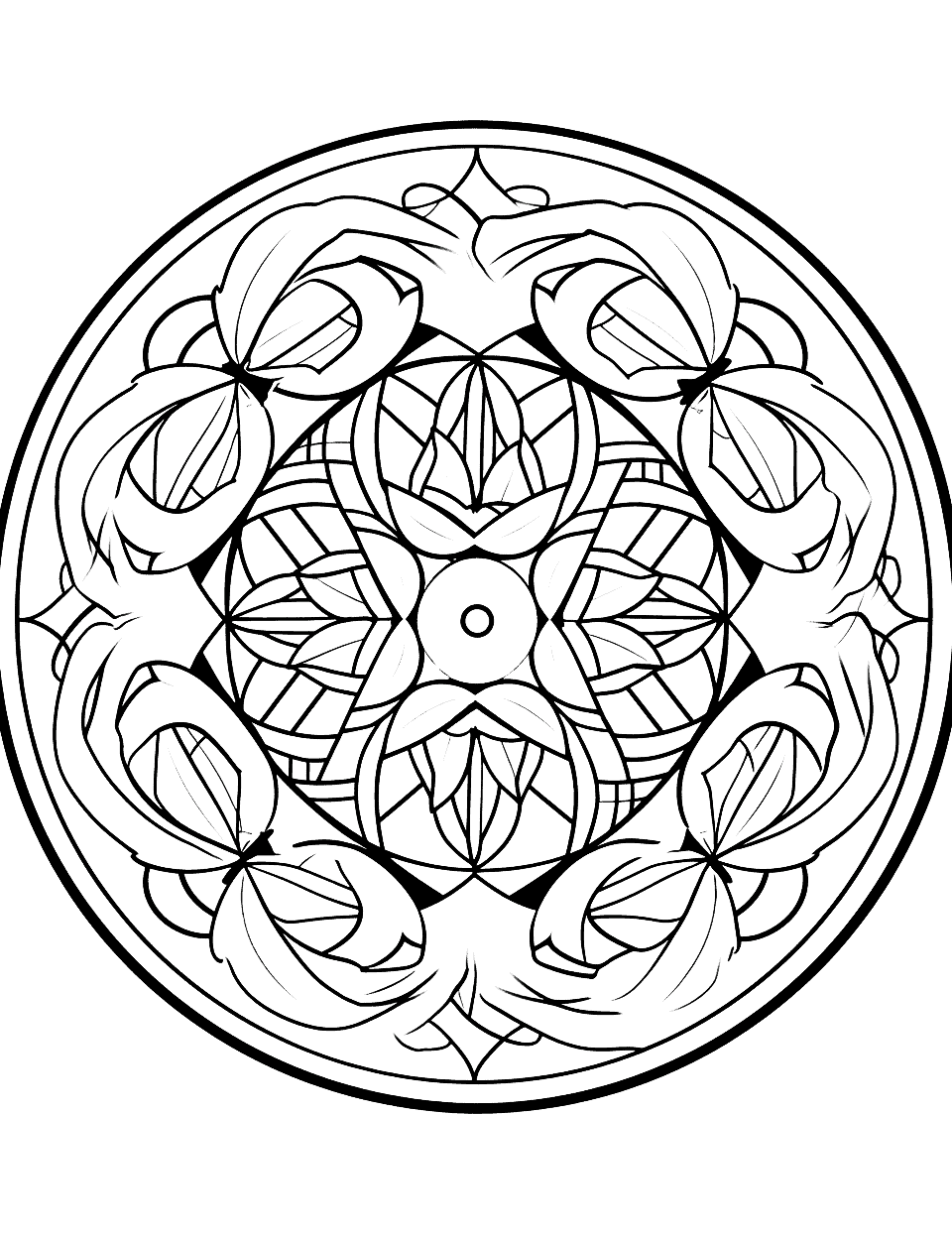 Paradise Parrots Mandala Coloring Page - A vibrant mandala featuring parrots and tropical fruits, great for practicing color blending.