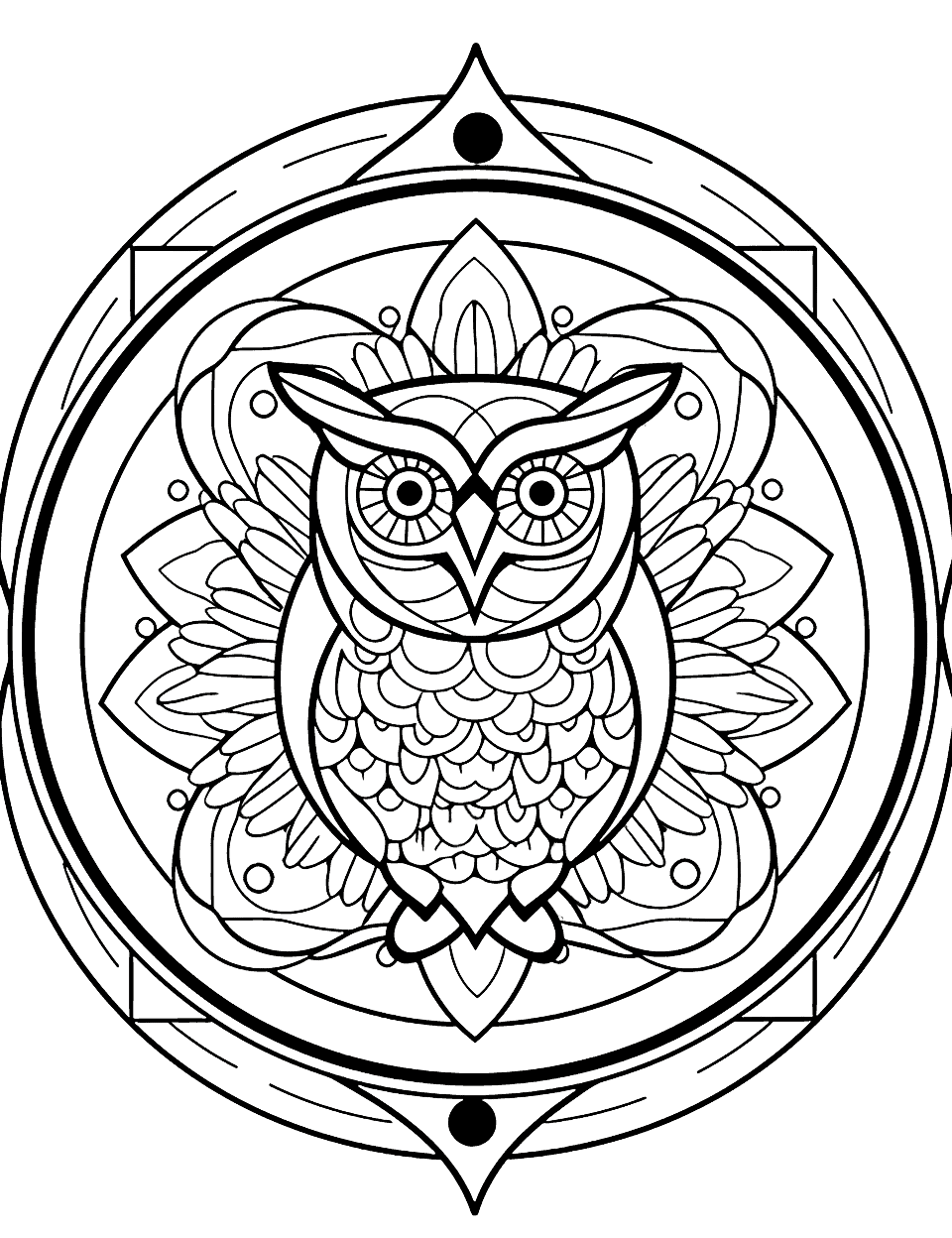 Enchanted Owls Mandala Coloring Page - A detailed, night-themed mandala featuring an owl perched on a branch with the moonlight radiating behind.