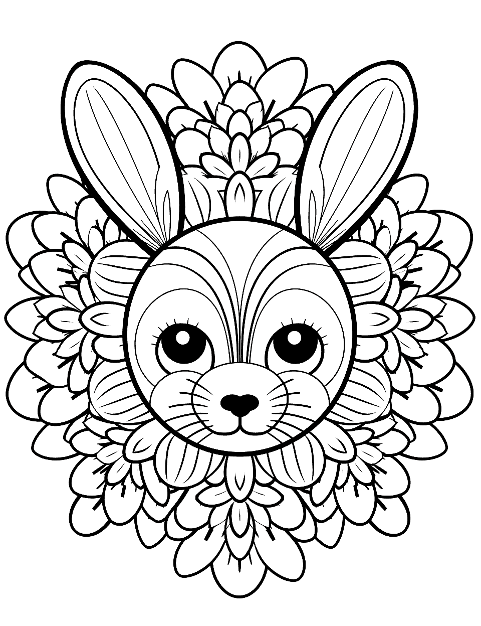 Fluffy Bunny Mandala Coloring Page - A cute mandala perfect for Easter, featuring bunnies, eggs, and spring flowers.