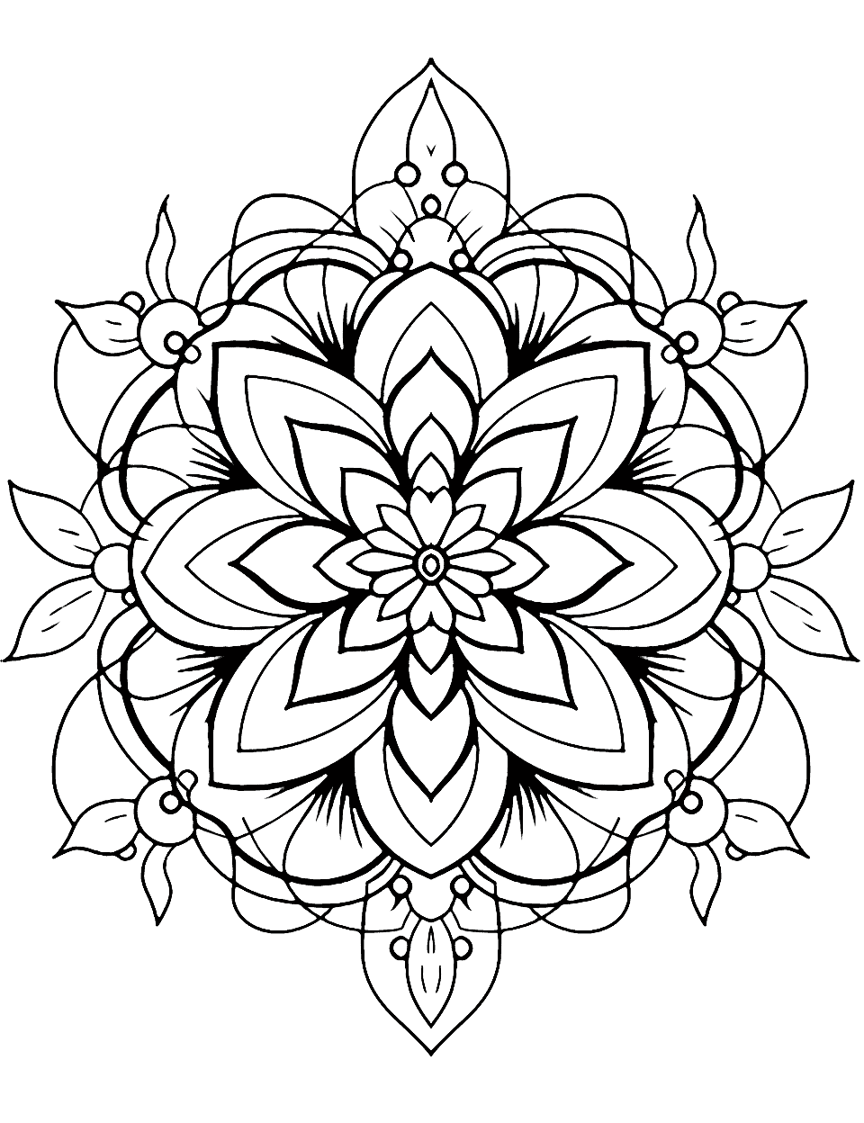 Floral Fantasy Mandala Coloring Page - An intricate mandala composed of different types of flowers like roses and lotus flowers, adds a touch of nature to the design.