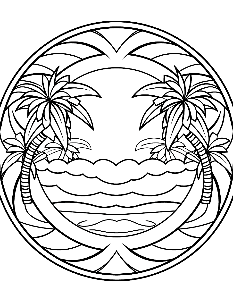 Tropical Island Mandala Coloring Page - A summer-themed mandala featuring palm trees, coconuts, and sandy beaches.