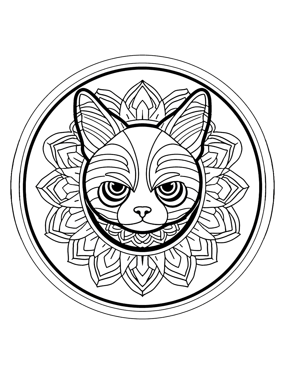 King Cat Mandala Coloring Page - A regal-looking cat is wearing a crown at the center, surrounded by majestic patterns.