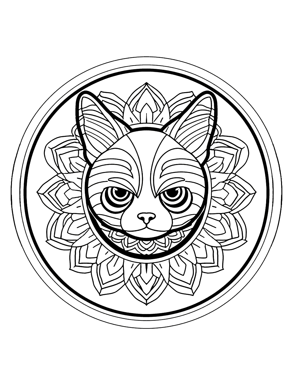 King Cat Mandala Coloring Page - A regal-looking cat wearing a crown at the center, surrounded by majestic patterns.