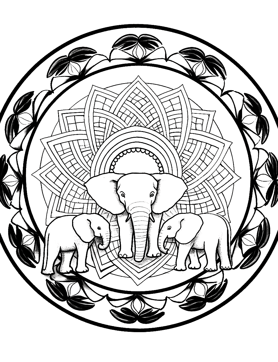 Elephant Parade Mandala Coloring Page - A detailed mandala filled with elephants of various sizes, surrounded by intricate African savannah designs.