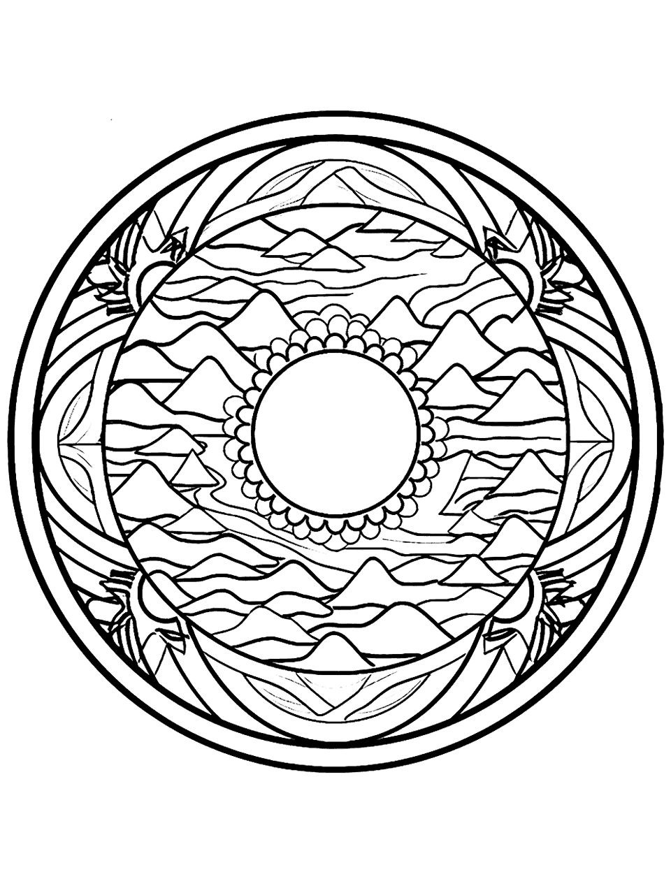 Large Landscape Mandala Coloring Page - A grand-scale mandala featuring a natural landscape, allowing kids to enjoy coloring a large, detailed scene.