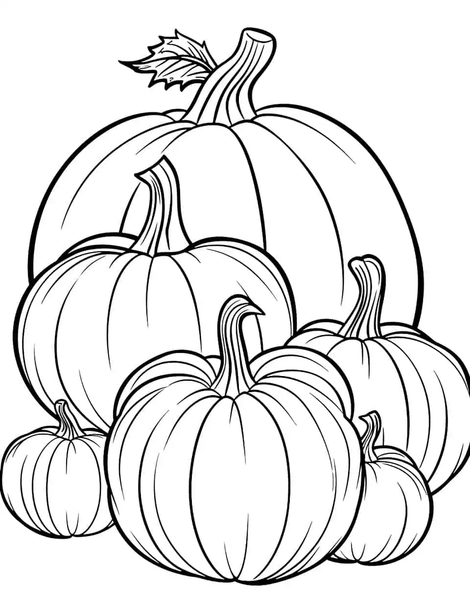 Small Pumpkin Bunch Coloring Page - A group of small pumpkins gathered together, showing the diversity of pumpkin sizes.