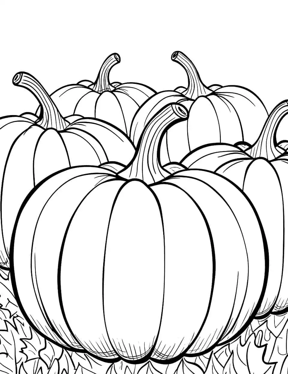 Plain Pumpkin Patch Coloring Page - A collection of plain pumpkins in a patch, waiting for their vibrant colors to be filled in.