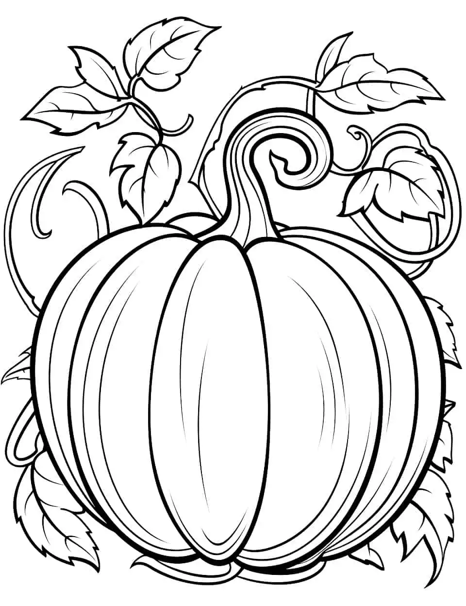 Pretty Pumpkin Vines Coloring Page - A beautiful pumpkin nestled in pretty vines and leaves, ideal for those who love detailed landscapes.