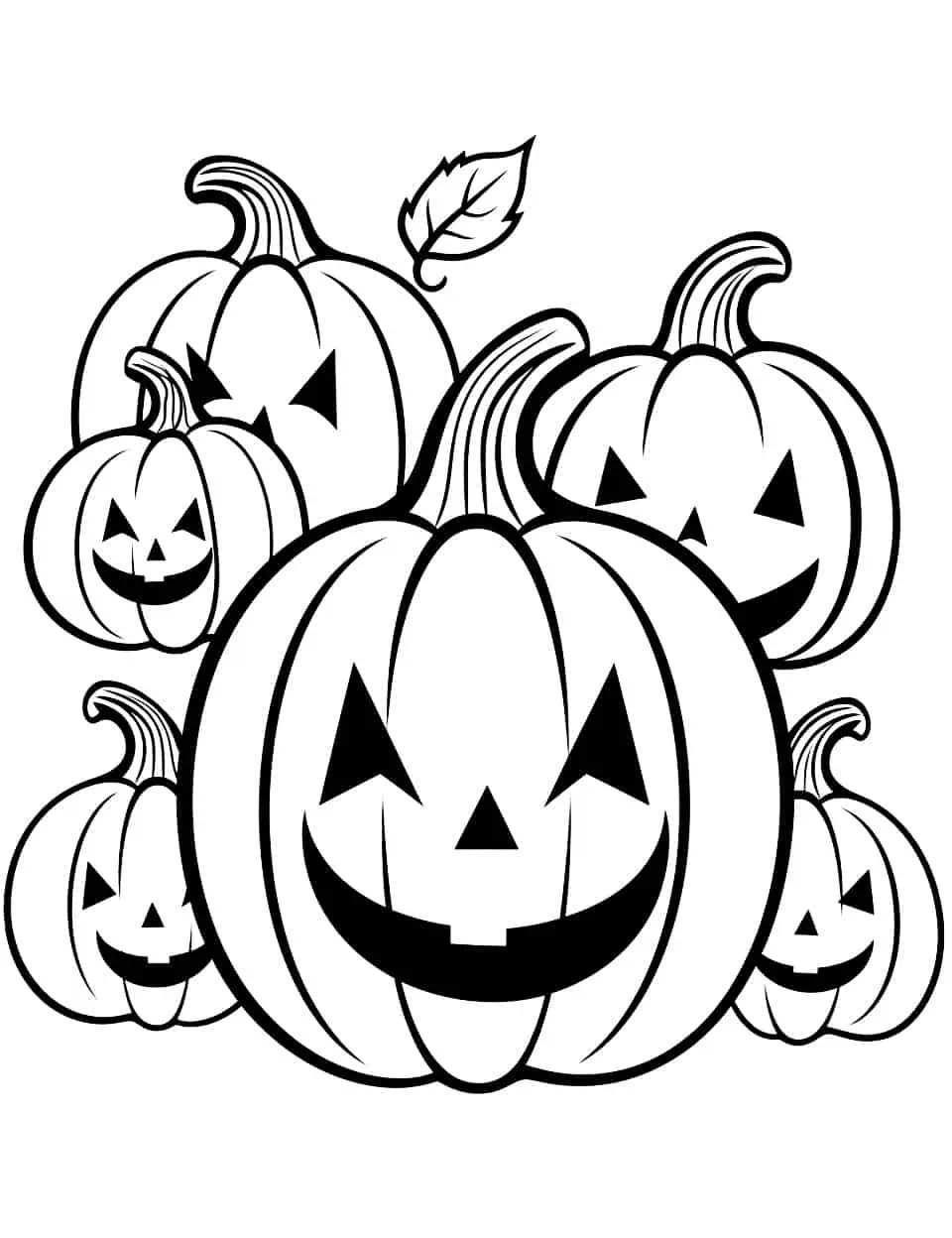 Happy Pumpkin Faces Coloring Page - A collection of pumpkins with different happy expressions, emphasizing the joyful spirit of fall.
