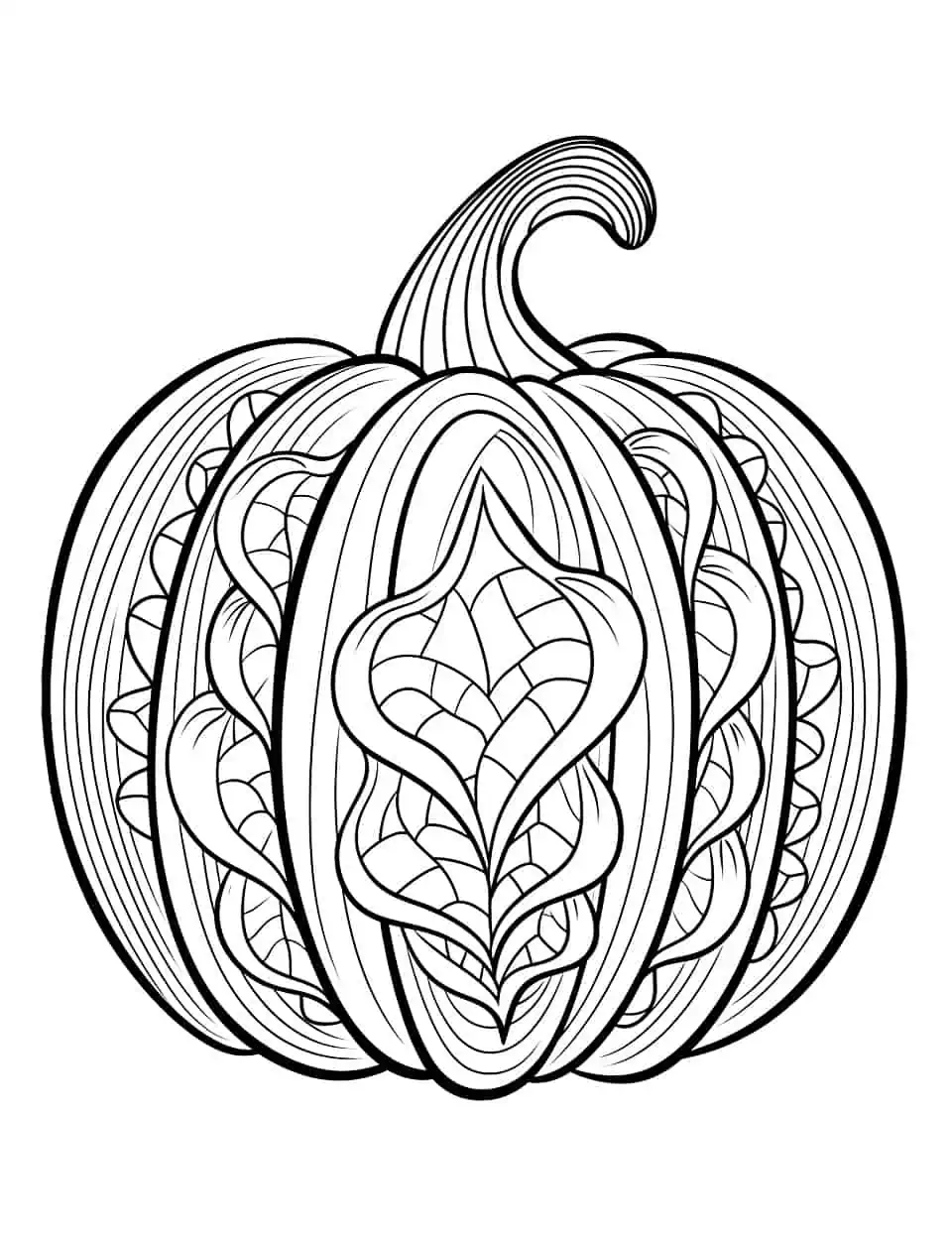 Pumpkin Zentangle Coloring Page - A complex zentangle design inside a pumpkin shape, best for older kids and adults who love intricate coloring pages.