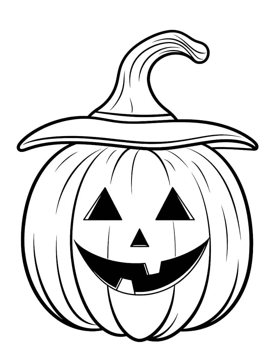 Cute Halloween Pumpkin Coloring Page - A cute, smiling pumpkin, wearing a witch’s hat.