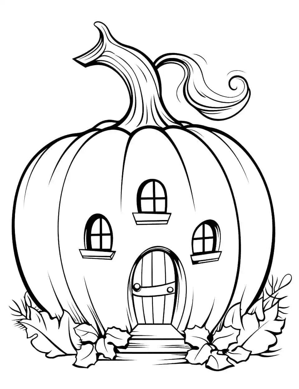 Pumpkin House Coloring Page - A creative scene of a fairy-tale-like pumpkin house.