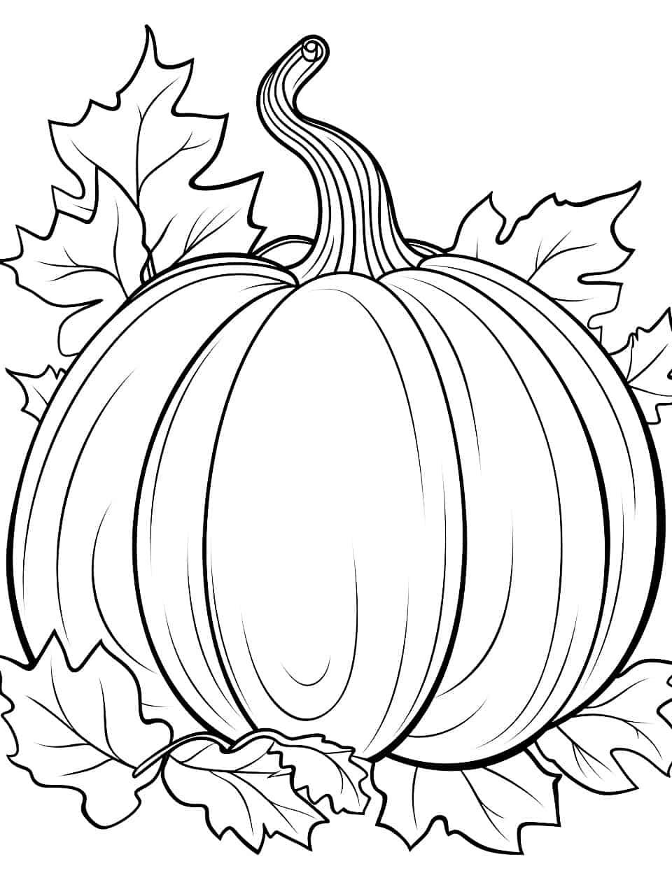 Pumpkin and Fall Leaves Coloring Page - A pumpkin surrounded by colorful fall leaves showcasing the beauty of the season.