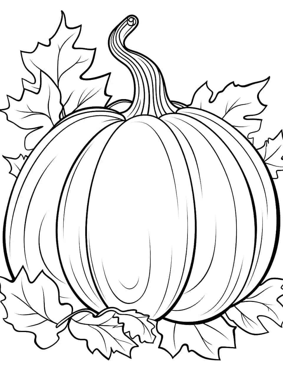 Pumpkin and Fall Leaves Coloring Page - A pumpkin surrounded by colorful fall leaves, showcasing the beauty of the season.
