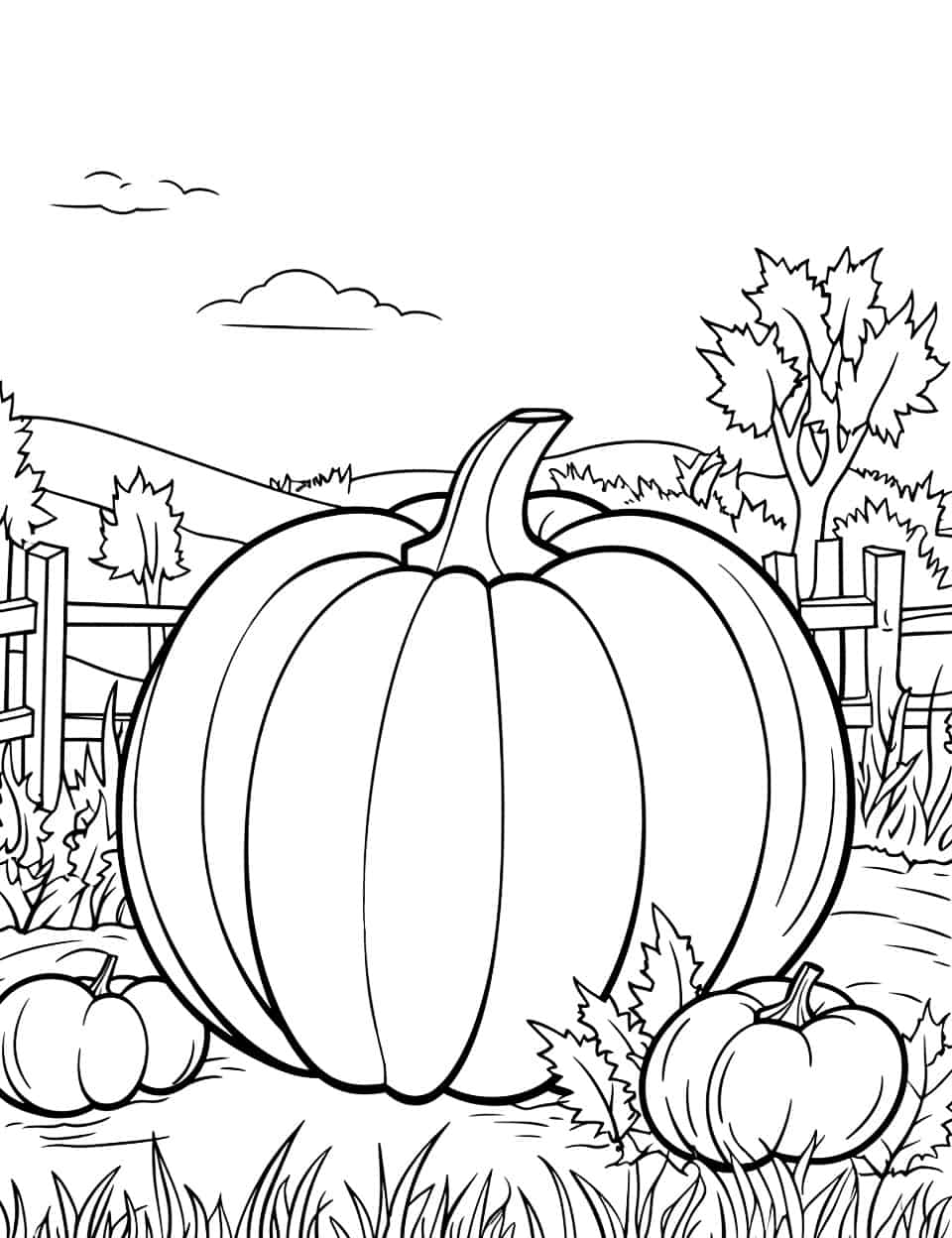 Fall Pumpkin Patch Coloring Page - A rustic pumpkin patch scene complete with hay bales and fall leaves.