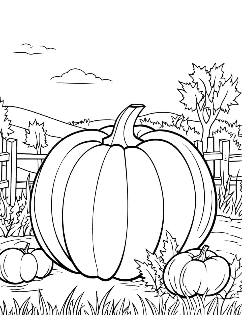 Fall Pumpkin Patch Coloring Page - A rustic pumpkin patch scene complete with hay bales and fall leaves.