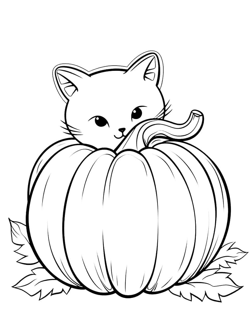 Pumpkin and Cat Coloring Page - A cute cat curled up beside a pumpkin. A cute scenario for animal lovers.