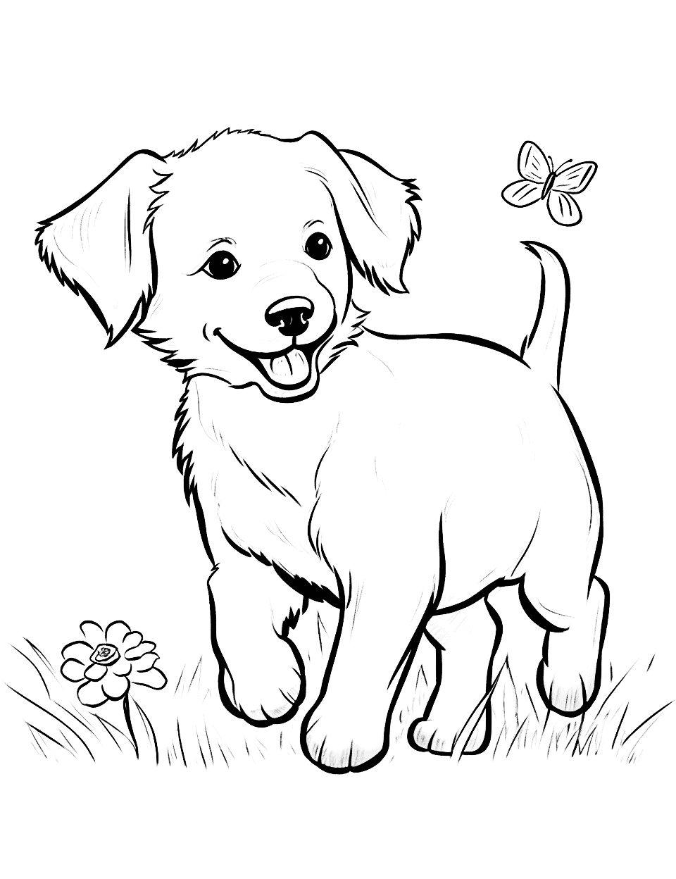 Playful Puppy Cute Golden Retriever Coloring Page - A Golden Retriever puppy playfully chasing a butterfly.