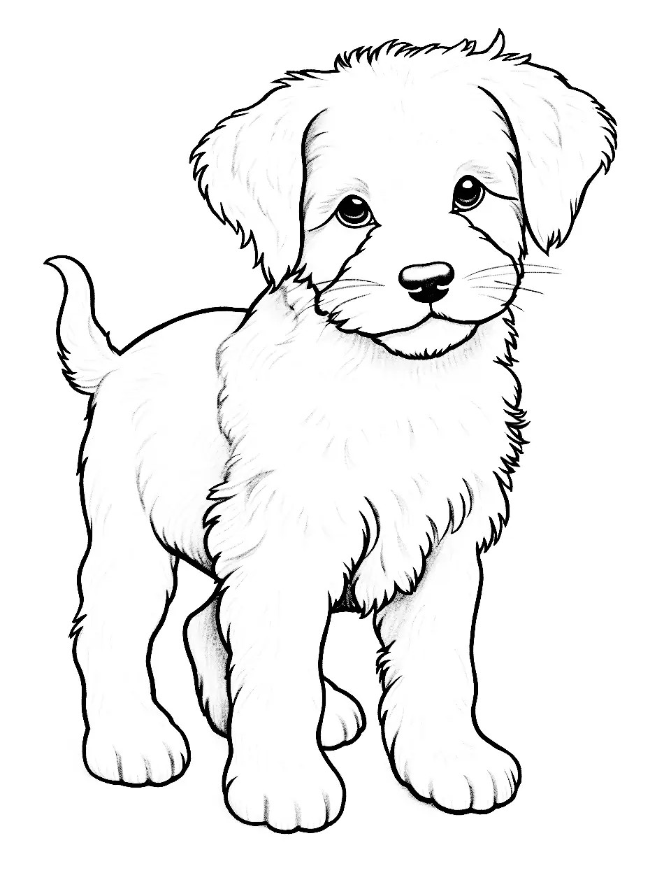 Realistic Rendering Goldendoodle Puppy Coloring Page - A Goldendoodle puppy with curly fur details and a wagging tail.