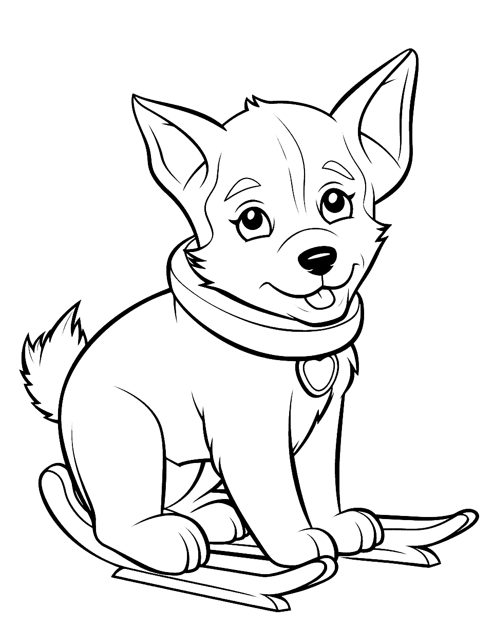 Winter Theme Husky on a Sled Coloring Page - A Husky puppy sitting on a sled in the middle of a snowy landscape.