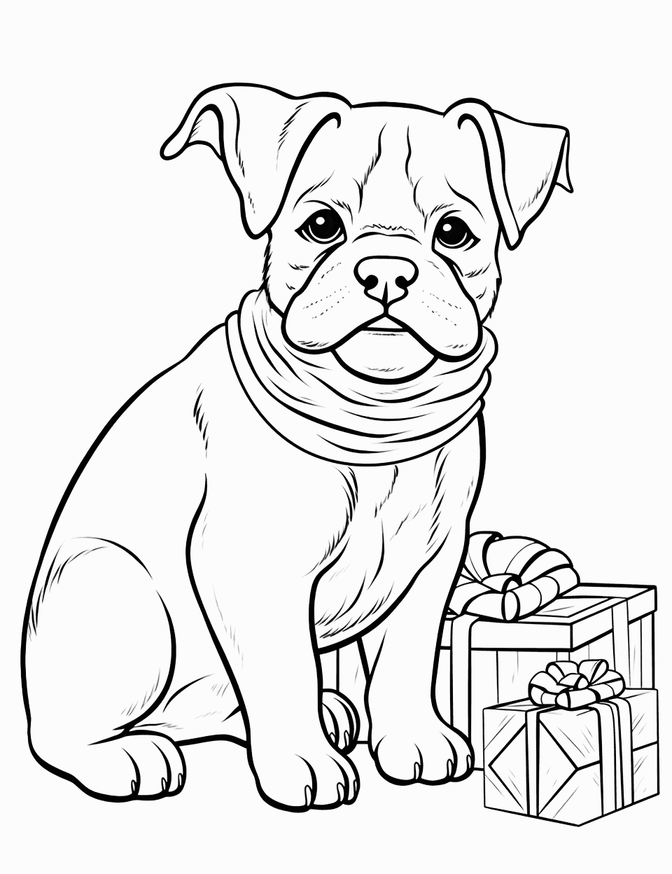 Holiday Special Christmas Bulldog Puppy Coloring Page - A bulldog puppy with a big red bow around its neck sitting next to a pile of Christmas presents.