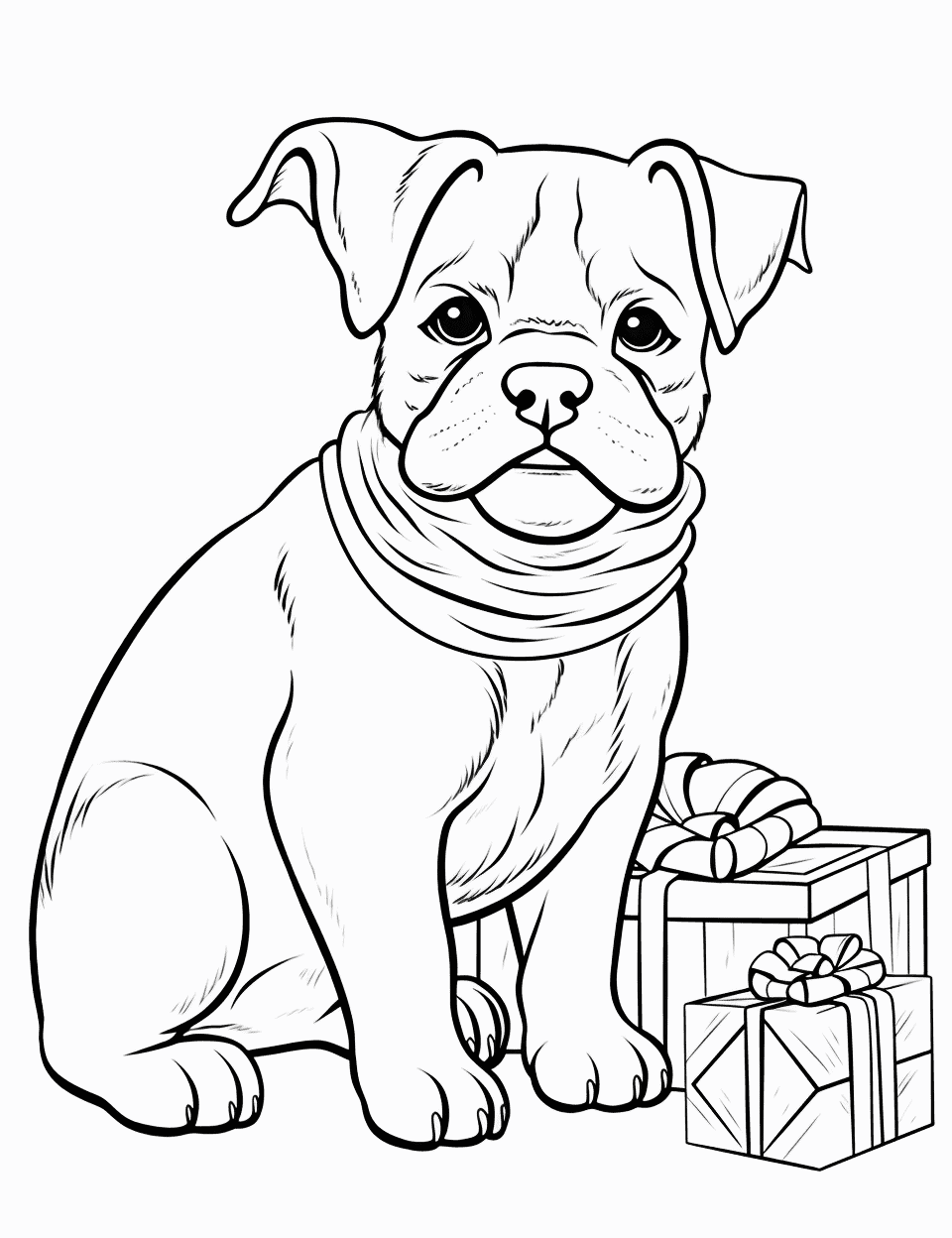 Holiday Special Christmas Bulldog Coloring Page - A bulldog puppy with a big red bow around its neck sitting next to a pile of Christmas presents.