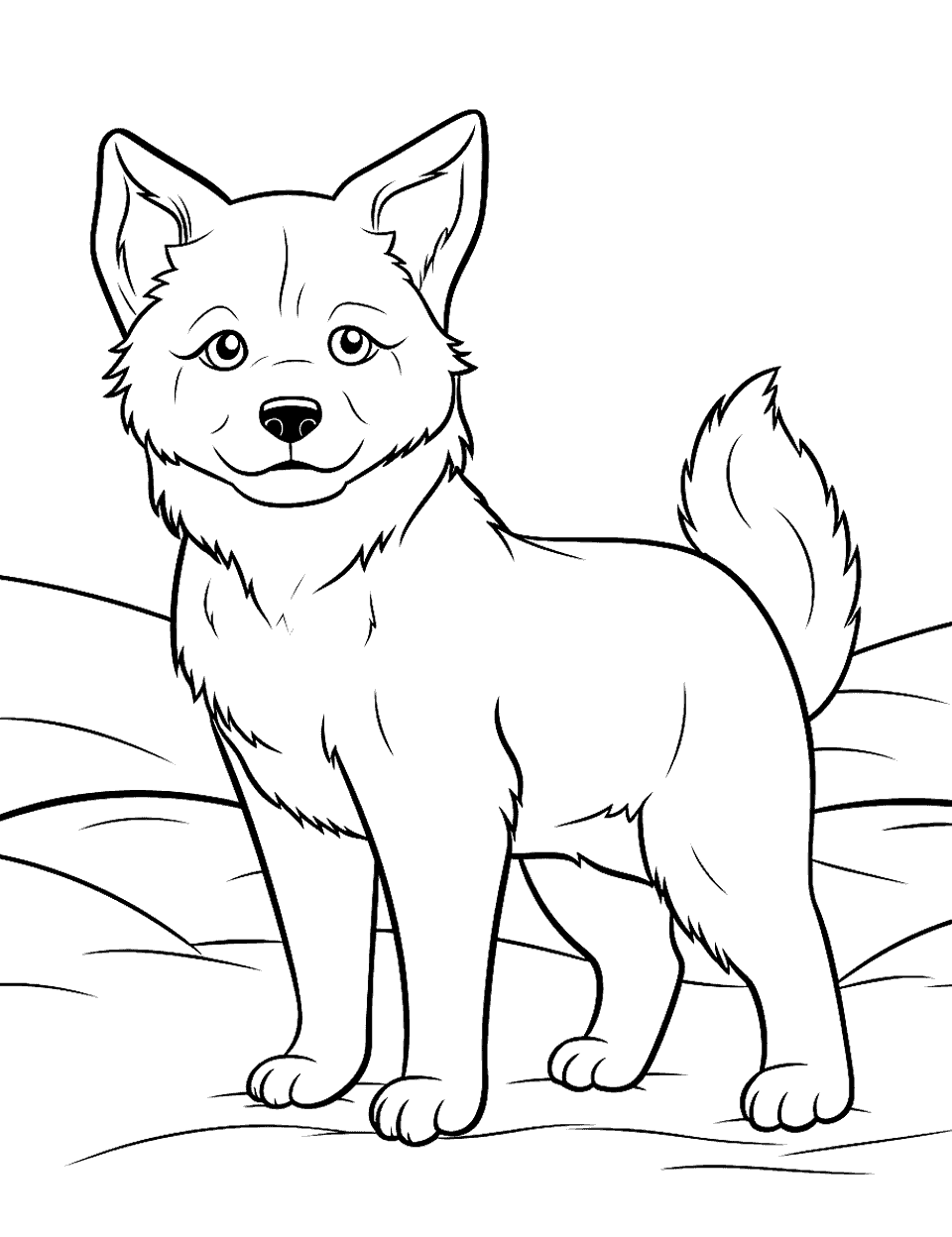 Sleek and Strong Husky in Snow Coloring Page - A Husky puppy looking out on a snowy landscape with detailed fur and expressive eyes.