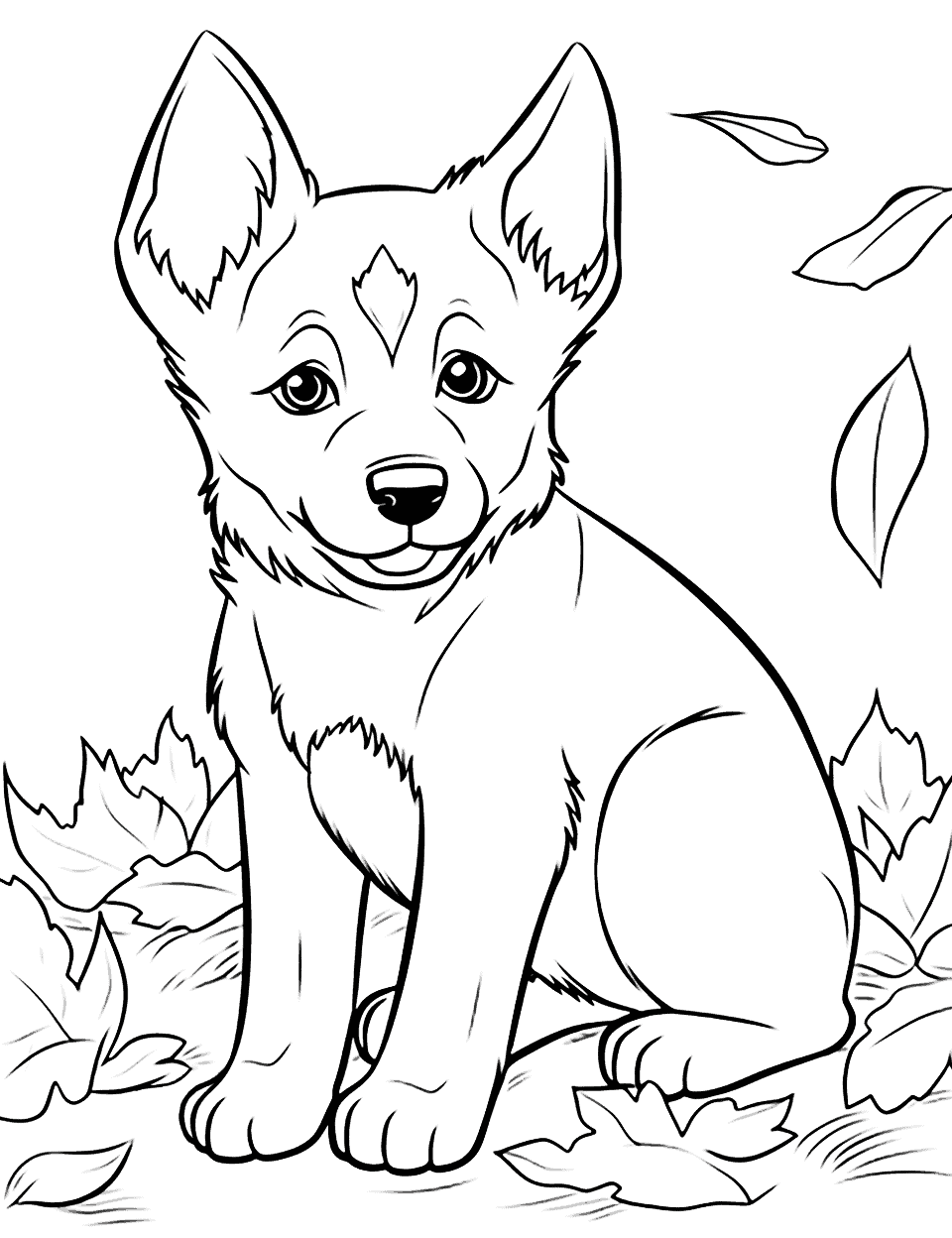 Fall Fun German Shepherd in Leaves Coloring Page - A German Shepherd puppy playing in a pile of autumn leaves.