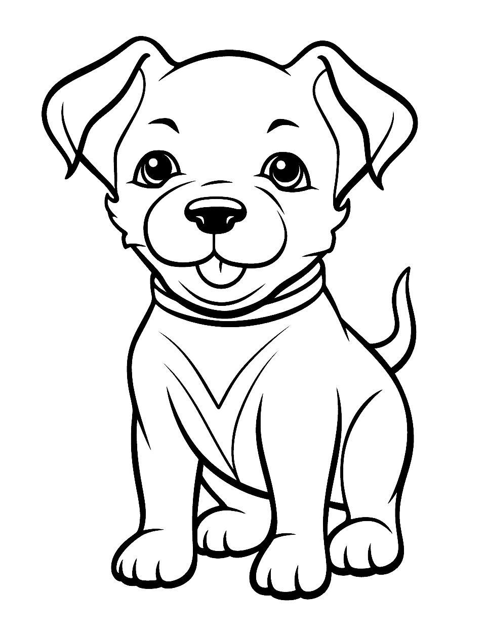 Kawaii Style Cute Pitbull Puppy Coloring Page - A Pitbull puppy drawn in Kawaii style, with its tongue sticking out and a wagging tail.