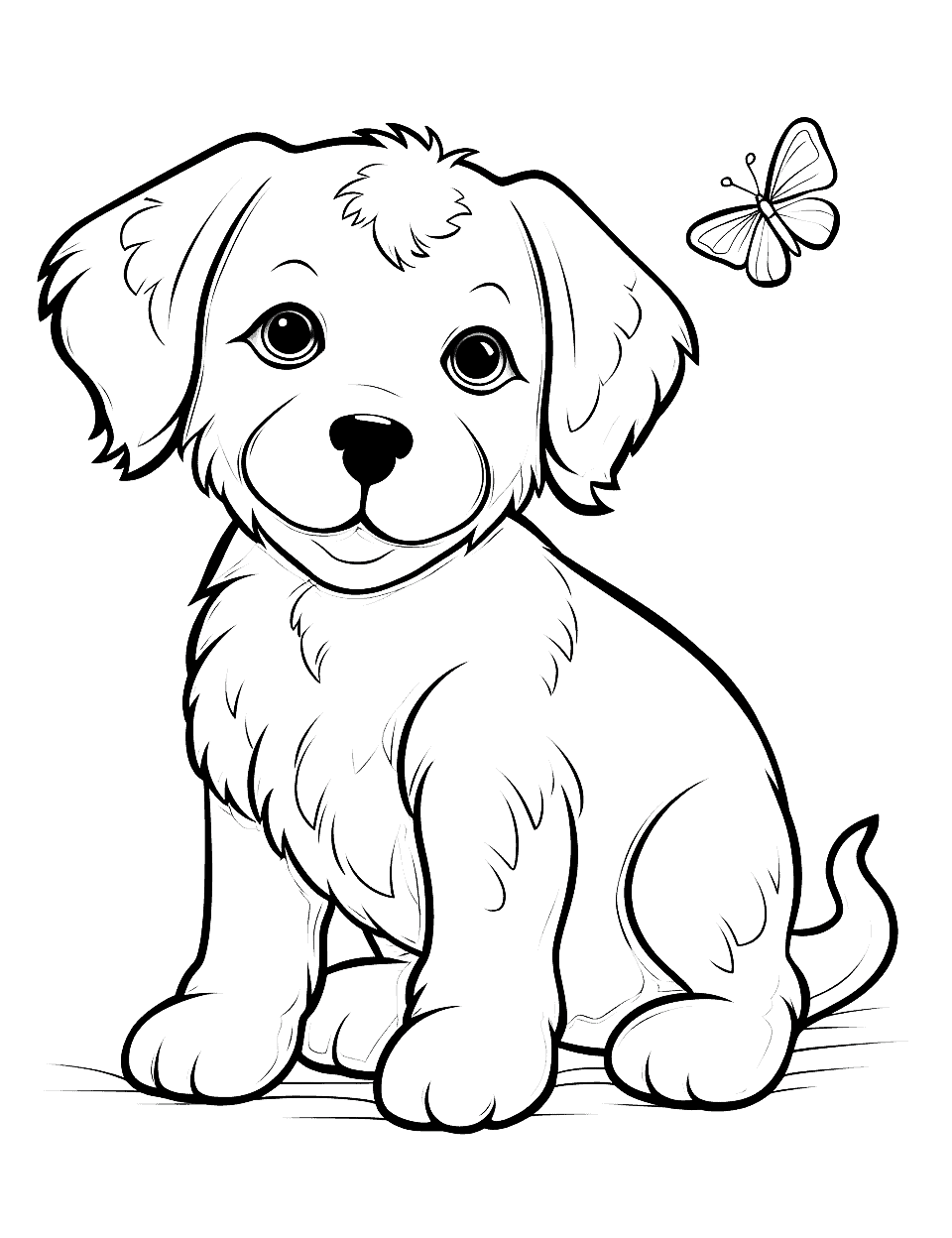 Sweet and Fluffy Goldendoodle Puppy Coloring Page - A Goldendoodle puppy with fluffy fur and a cute butterfly flying by.