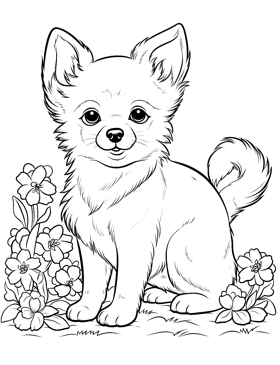 Spring Blooms Pomeranian in a Meadow Puppy Coloring Page - A Pomeranian puppy playing in a meadow full of spring flowers.