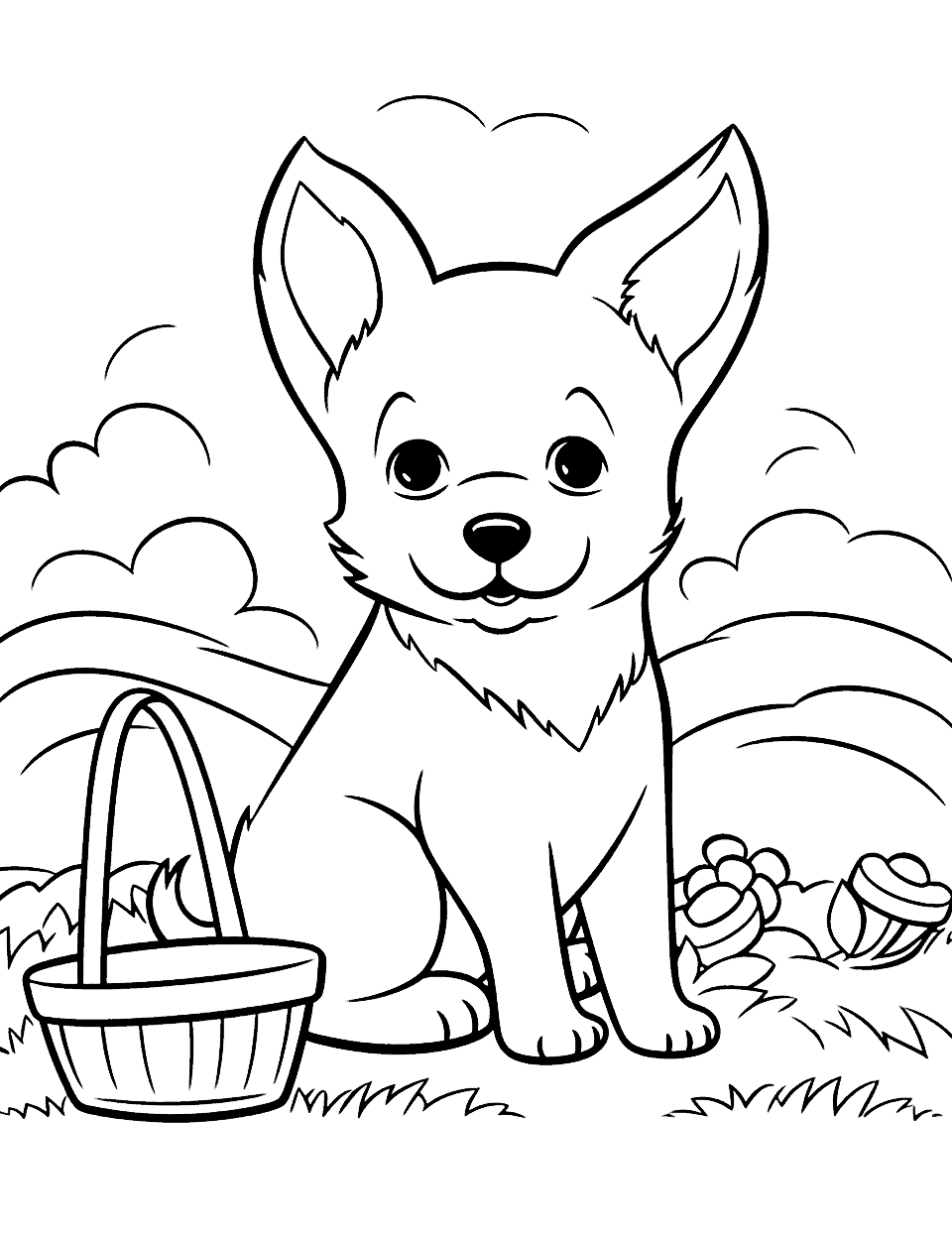 Picnic Time Corgi With Basket Coloring Page - A Corgi puppy sitting next to a picnic basket in a beautiful park.