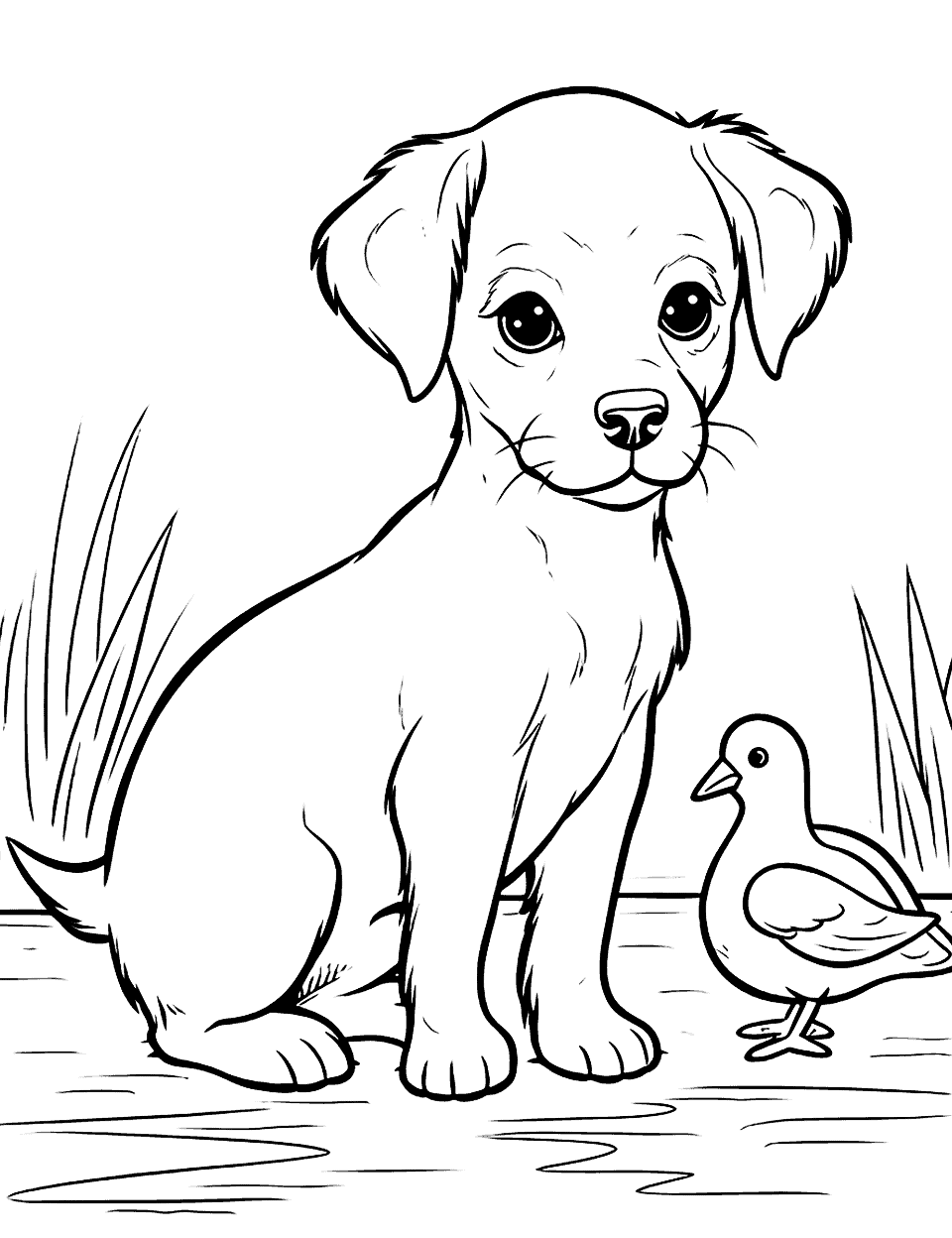 Cute Interaction Puppy Meeting a Duckling Coloring Page - A coloring sheet of a puppy curiously interacting with a duckling for the first time.