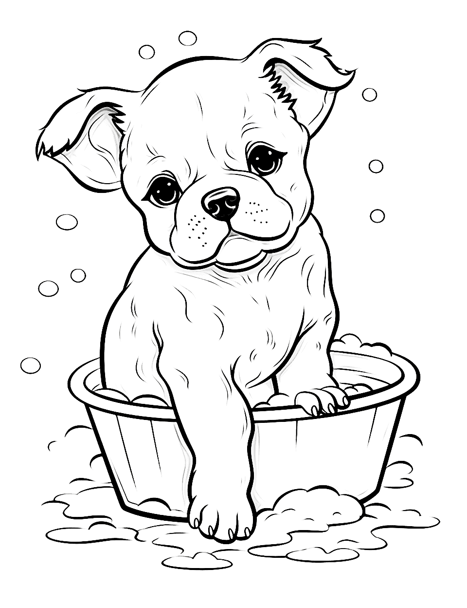 Bathing Time Bulldog in a Bathtub Puppy Coloring Page - A Bulldog puppy sitting in a bathtub filled with bubbles.