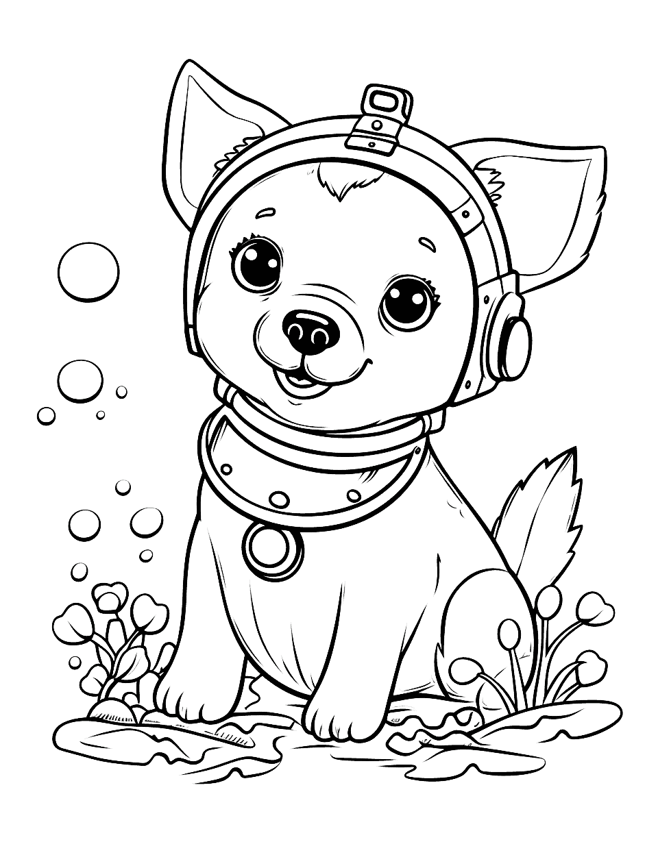 Under the Sea Puppy in a Submarine Coloring Page - A puppy exploring the underwater world in a cute little submarine.