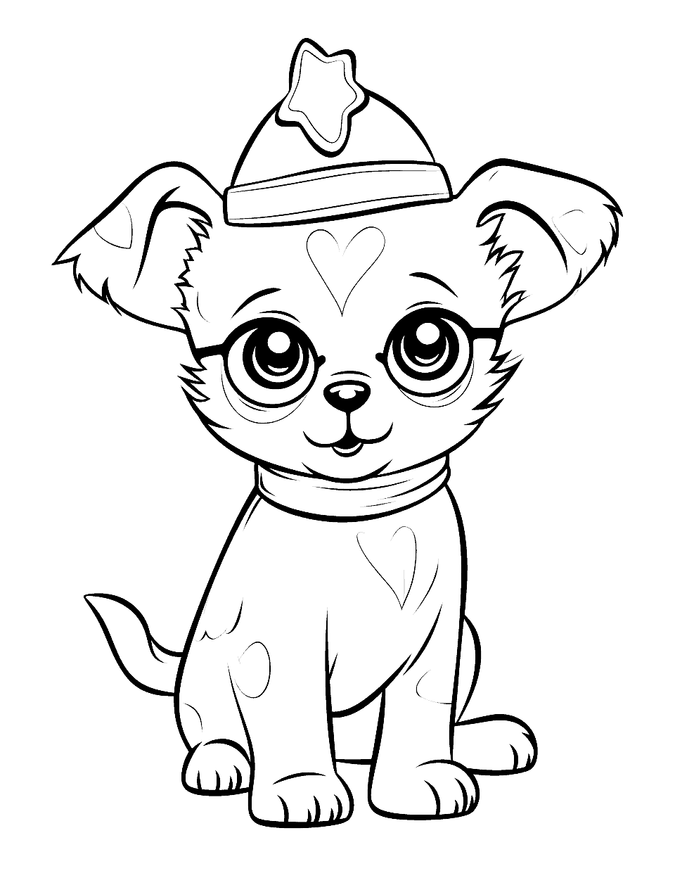 Party Time Puppy Celebrating New Year Coloring Page - A puppy wearing party glasses and a hat, celebrating the New Year.