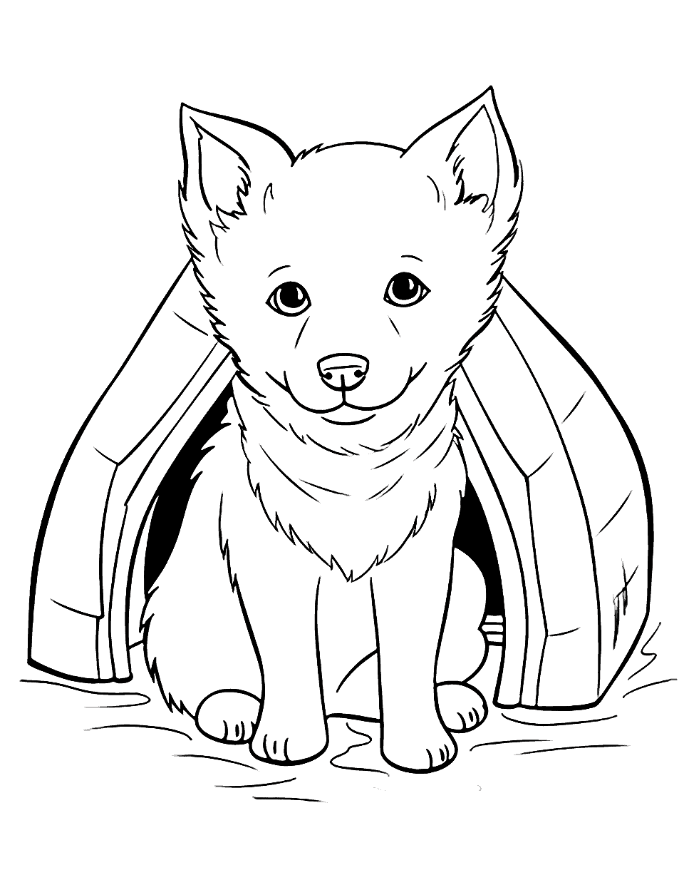 Chilly Adventure Husky in an Igloo Puppy Coloring Page - A Husky puppy peeking out of an igloo under the Northern Lights.