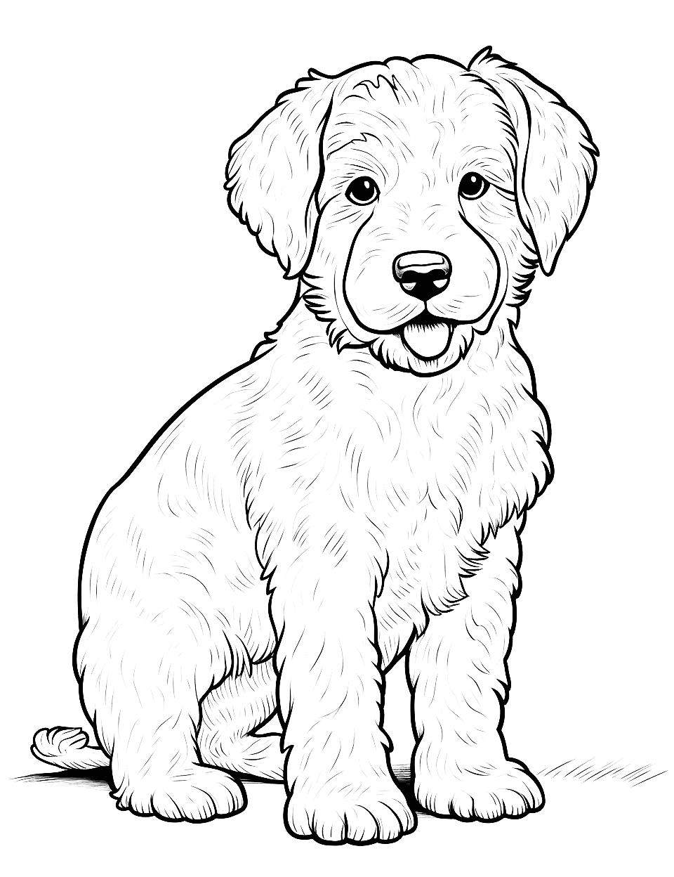 Delightfully Detailed Goldendoodle Portrait Coloring Page - A detailed portrait of a Goldendoodle puppy showcasing the texture of its fur.