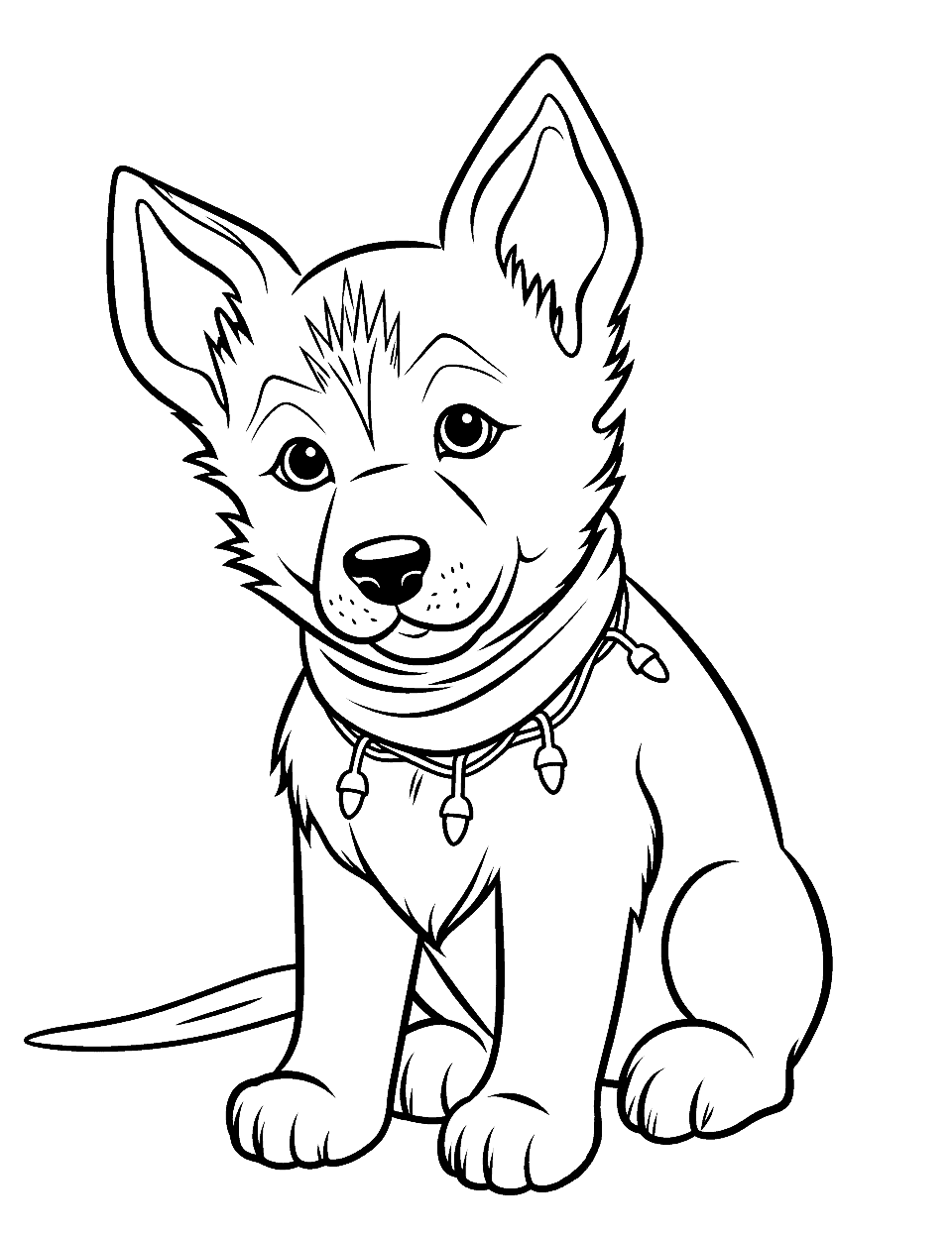 Festive Fun German Shepherd with Christmas Lights Puppy Coloring Page - A German Shepherd puppy entangled in Christmas lights.
