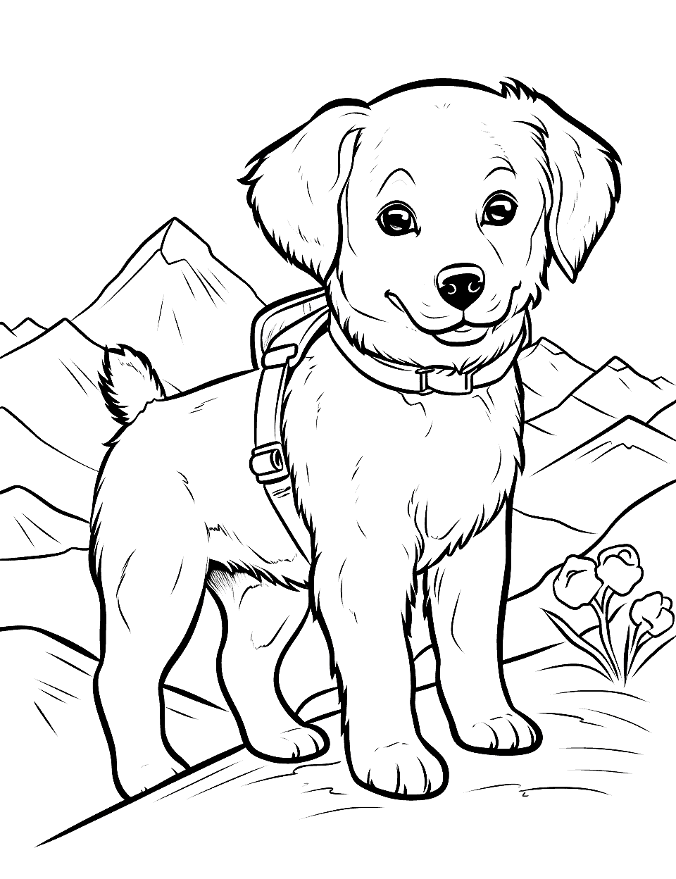 Outdoor Adventure Golden Retriever on a Hike Puppy Coloring Page - A Golden Retriever puppy on a scenic hike, exploring the wilderness.