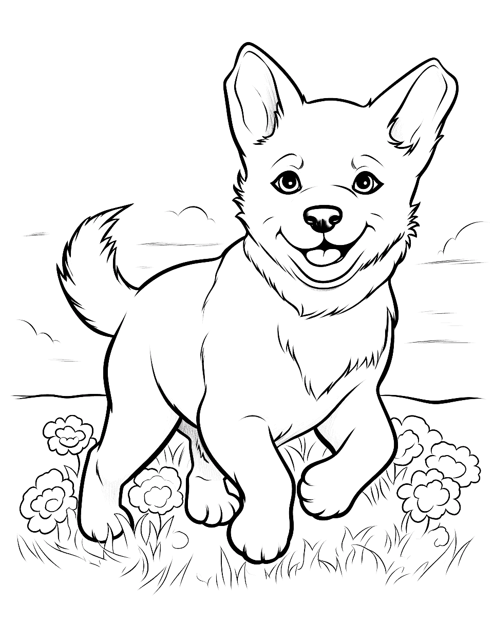Springtime Joy Husky in a Flower Field Puppy Coloring Page - A Husky puppy joyfully running through a field of blooming flowers.