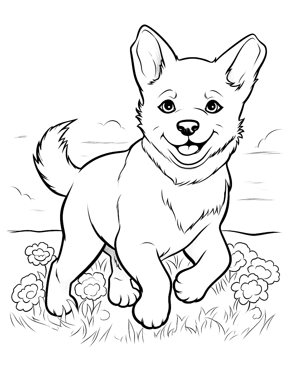 Springtime Joy Husky in a Flower Field Coloring Page - A Husky puppy joyfully running through a field of blooming flowers.