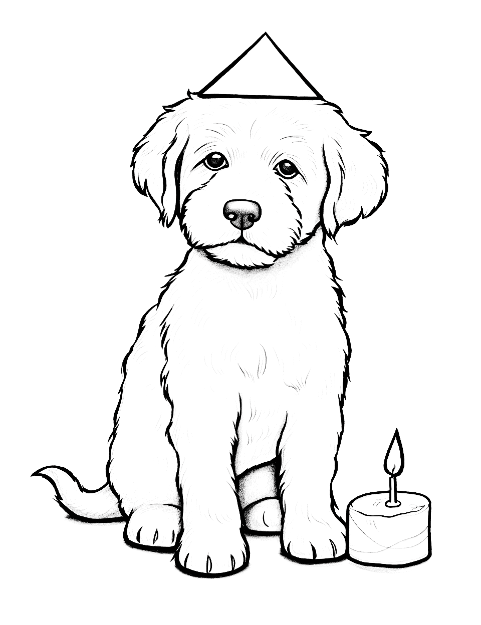 Birthday Bash Goldendoodle with Cake Puppy Coloring Page - A Goldendoodle puppy with a birthday cake and a party hat.