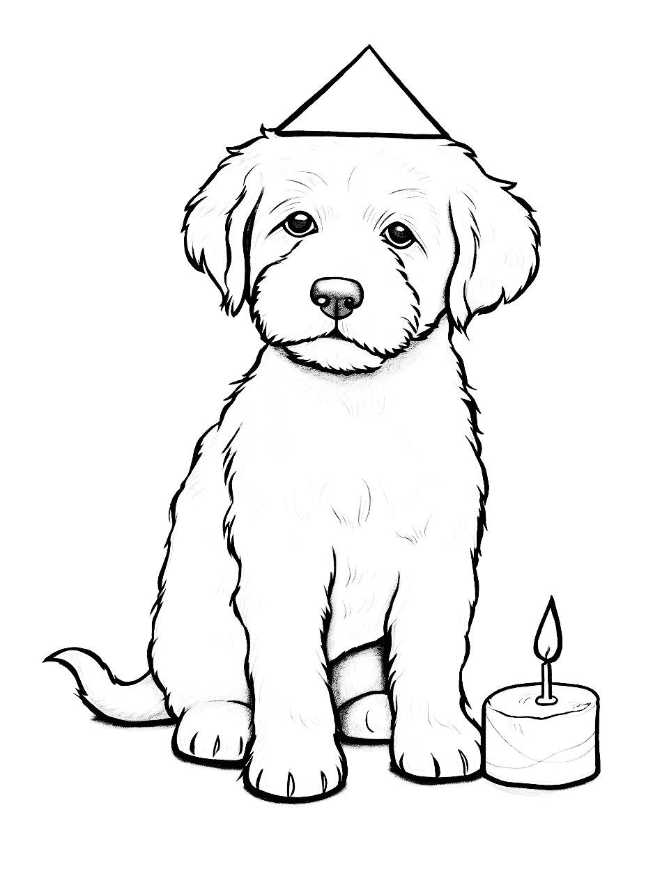 Birthday Bash Goldendoodle with Birthday Cake Coloring Page - A Goldendoodle puppy with a birthday cake and a party hat.