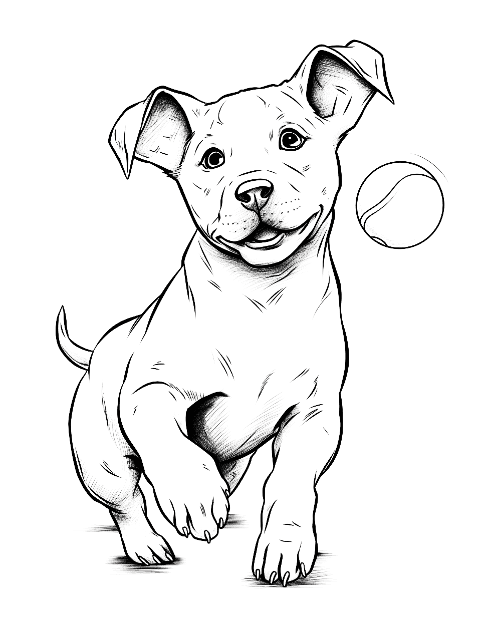 Action Shot Pitbull Catching a Ball Coloring Page - A Pitbull puppy leaping to catch a ball in mid-air.