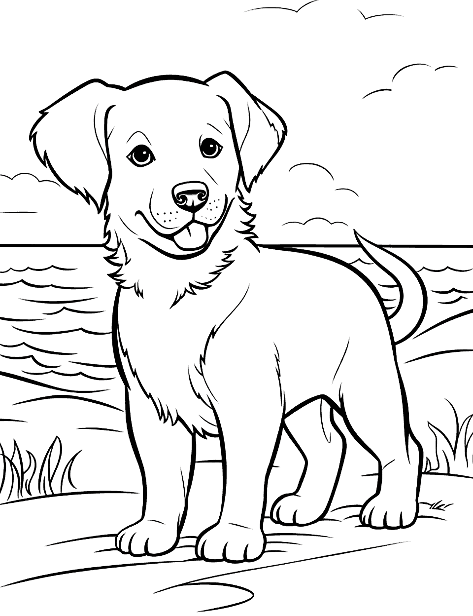 Summer Fun Golden Retriever at the Beach Coloring Page - A Golden Retriever puppy having fun playing at the beach.